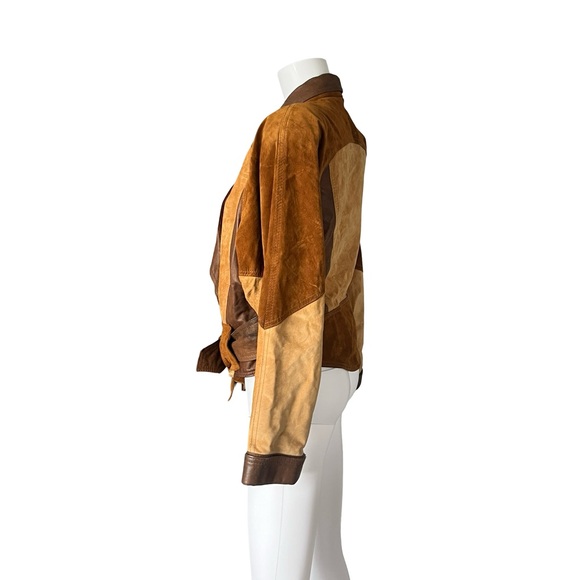 VTG The Leather Ranch le Ranch du Cuir Suede Jacket Colorblock Belted Neutral - Picture 3 of 12
